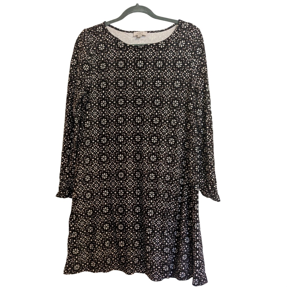 Loft Outlet Womens Large Black White Floral Medallion Smocked Cuff Shift Dress